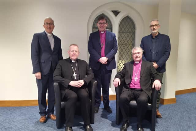 Left to right (standing): Moderator of the Presbyterian Church in Ireland, Right Reverend Dr John Kirkpatrick, President of the Irish Council of Churches, Right Reverend Andrew Forster, and President of the Methodist Church in Ireland, Reverend David Nixon. Seated (left to right) Roman Catholic Archbishop of Armagh and Primate of All Ireland, Most Reverend Eamon Martin, and the Church of Ireland Archbishop of Armagh and Primate of All Ireland, Most Reverend John McDowell.