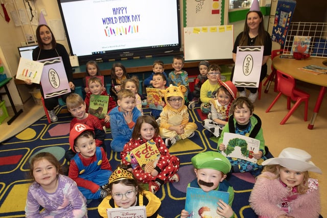 Year 1 classes enjoying World Book Day with their Teachers Miss McNarmara and Mrs. Browse.