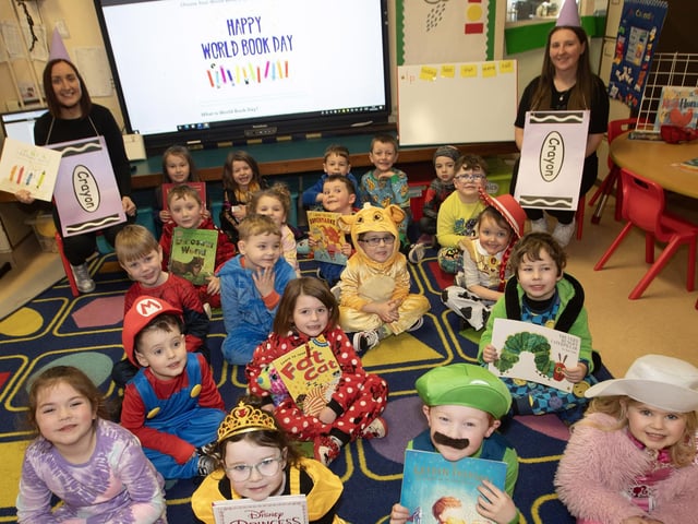 Year 1 classes enjoying World Book Day with their Teachers Miss McNarmara and Mrs. Browse.
