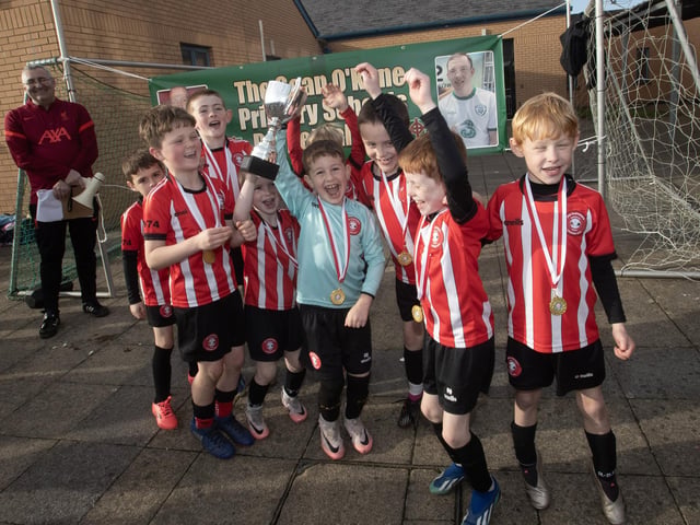 Tristar, winners of the 2024 2017s Sean O’Kane Memorial Cup at St. Joseph’s Boys School on Saturday afternoon celebrating their success. (Photos: Jim McCafferty Photography)
