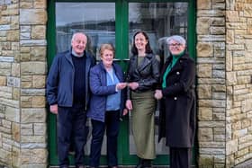 Former Carndonagh Nursery and Garden Centre Owners Danny and Mary McLaughlin hand over keys to Spraoi agus Spórt CEO Helen Nolan and Chair Patricia Lee.