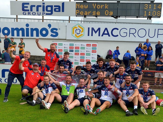New York celebrate winning the GAA World Games Hurling International Division final in Celtic Park on Friday morning. Photo: George Sweeney. DER2330GS - 200