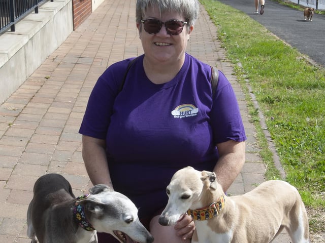 Janet Boyce with ‘Penny’ and ‘Nela’ before Saturday’s walk.