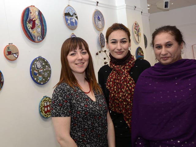 Roisin 'Donnell, art facilitator, Abhinav Gaur and Yasmin Janjua were pictured at the opening of the exhibition of work by students from the Women's Centre Multi Cultural and Young Women's Group in the Eden Place Arts Centre as part of International Women's Day. DER1215-106KM