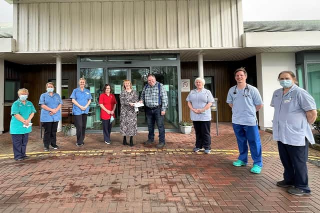 Pictured from left to right are: Linda Moore, Support Services; Sr Maria McNeill; Lesley Kelly, Ward Manager; Therese Brown, Chair Friends Of Spruce; James Anderson, Past Patient; Grainne Lynch, Nursing Assistant; Dr Lorcan Cooper and Cecilia McNulty, Nursing Assistant.