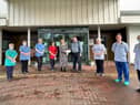 Pictured from left to right are:  Linda Moore, Support Services; Sr Maria McNeill; Lesley Kelly, Ward Manager; Therese Brown, Chair Friends Of Spruce; James Anderson, Past Patient; Grainne Lynch, Nursing Assistant; Dr Lorcan Cooper and Cecilia McNulty, Nursing Assistant.