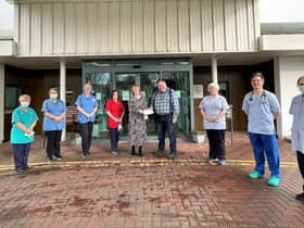 Pictured from left to right are:  Linda Moore, Support Services; Sr Maria McNeill; Lesley Kelly, Ward Manager; Therese Brown, Chair Friends Of Spruce; James Anderson, Past Patient; Grainne Lynch, Nursing Assistant; Dr Lorcan Cooper and Cecilia McNulty, Nursing Assistant.