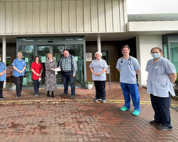 Pictured from left to right are:  Linda Moore, Support Services; Sr Maria McNeill; Lesley Kelly, Ward Manager; Therese Brown, Chair Friends Of Spruce; James Anderson, Past Patient; Grainne Lynch, Nursing Assistant; Dr Lorcan Cooper and Cecilia McNulty, Nursing Assistant.