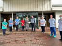 Pictured from left to right are:  Linda Moore, Support Services; Sr Maria McNeill; Lesley Kelly, Ward Manager; Therese Brown, Chair Friends Of Spruce; James Anderson, Past Patient; Grainne Lynch, Nursing Assistant; Dr Lorcan Cooper and Cecilia McNulty, Nursing Assistant.