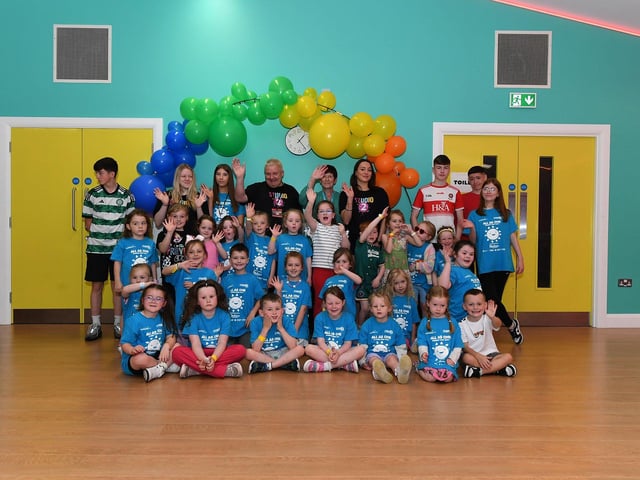Some of the children and volunteers from across the community who participated in the week long Good Relations, arts based, Summer Camps held at Studio supported by Radius Housing Association. Photo: George Sweeney