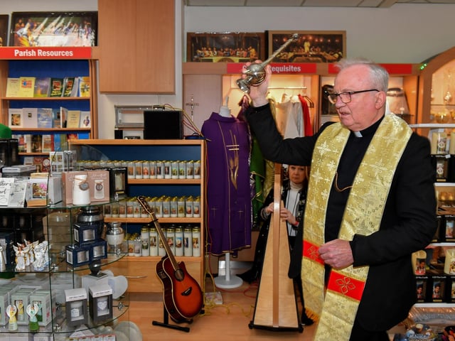 Bishop of Derry The Most Reverend Dr. Donal McKeown blesses the newly opened St Paul’s book and gift shop on Derry’s Shipquay Street. Photo: George Sweeney