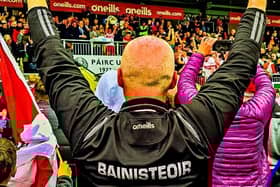 Derry Minor manager Damien McErlain celebrates back to back All Ireland wins. Photo by Derry GAA
