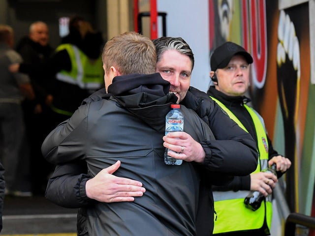 Derry City manager Ruaidhri Higgins greets Shelbourne manager Damien Duff. Photograph: George Sweeney