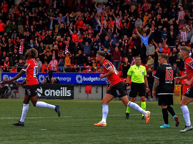 July 2023: The Brandywell erupts as Saduo Diallo celebrates his goal against HB Torshavn in the Europa Conference league game. Photo: George Sweeney.