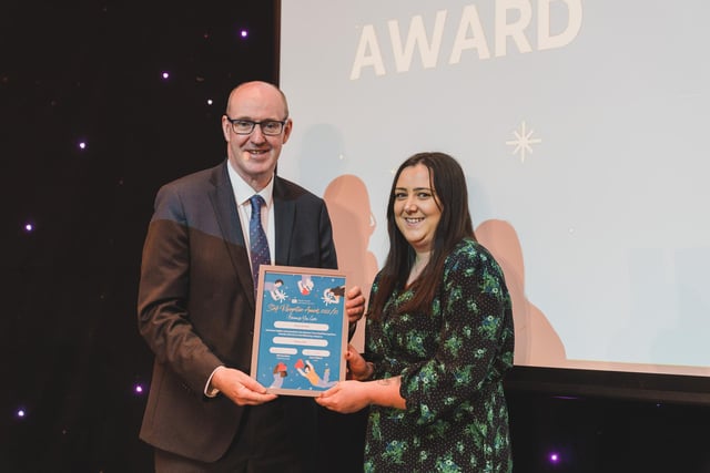 Alana McNeill, Social Worker, Riverview, Derry, who was highly commended in the Rising Star category, pictured with Neil Guckian, Chief Executive, Western Trust.