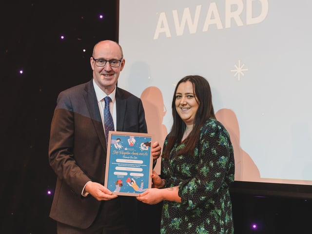 Alana McNeill, Social Worker, Riverview, Derry, who was highly commended in the Rising Star category, pictured with Neil Guckian, Chief Executive, Western Trust.