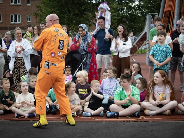 Jitterbug entertaining the audience at Brandywell Park during Thursday evening's Feile event 'The Greatest Show.' (Photos: Jim McCafferty Photography) : .