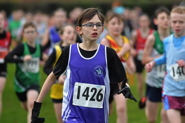 Foyle Valley’s Alex Sarkissian runs in the Derry XC Under 13 race at Thornhill College. Photo: George Sweeney