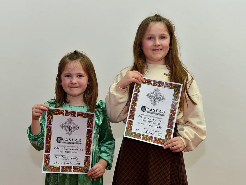 Erin Louise Duffy (left)was Highly Commended in P2 Children’s Verse and her sister Leia was Highly Commended in P3 Girls Verse at the Feis Dhoire Cholmcille on Friday at the Millennium Forum. Photo: George Sweeney.  DER2315GS – 200