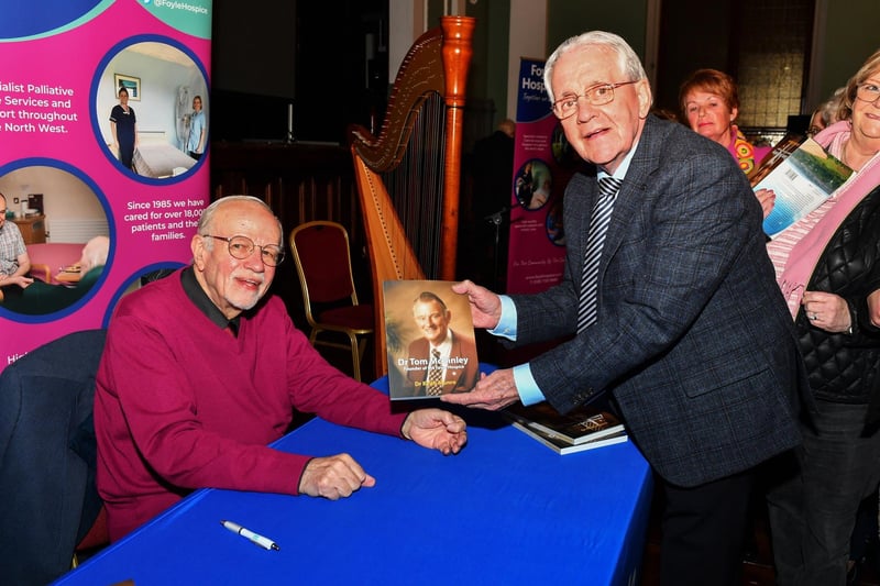 Dr Keith Munro pictured at the launch of his book on the life of Dr Tom McGinley, Foyle Hospice founder and palliative care pioneer, at St Columb’s Hall on Wednesday evening, with former rally driver and  three times winner of the Donegal International Rally Cathal Curley. Photo: George Sweeney