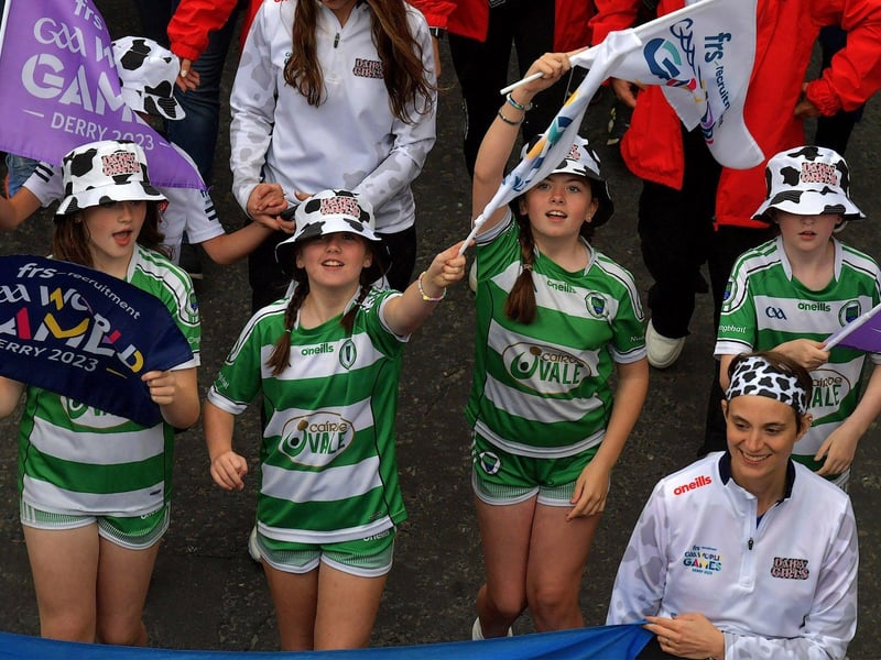 July 2023: Young footballers from St Mary’s Faughanvale GAC taking part in the frs GAA World Games opening parade in Derry. Photo: George Sweeney.