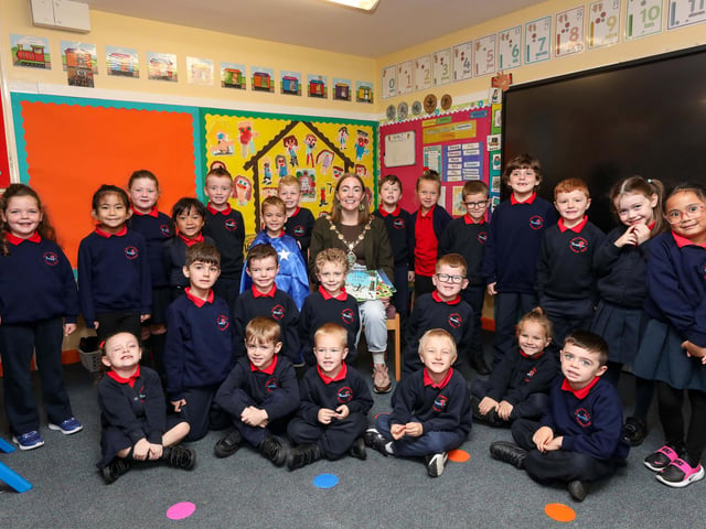 The Mayor's first visit was to St Oliver Plunket’s Primary School in Strathfoyle. Lorcan Doherty.