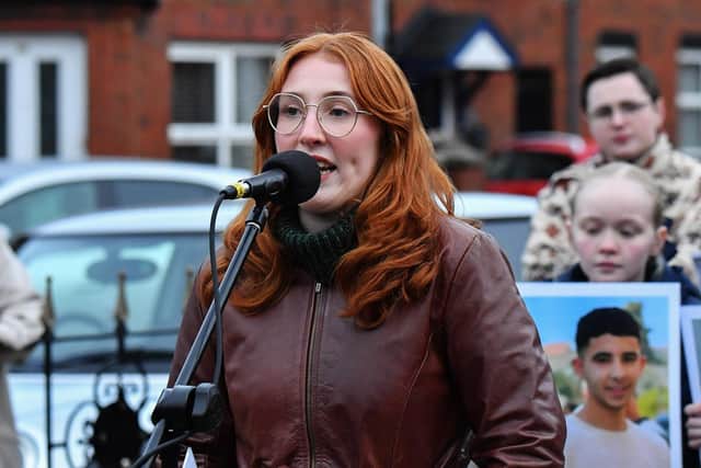Ashling Doherty, a relative of Patrick Doherty, speaking at the one minute silence dedicated to the children of Gaza at the Bloody Sunday monument on Thursday afternoon. Photo: George Sweeney