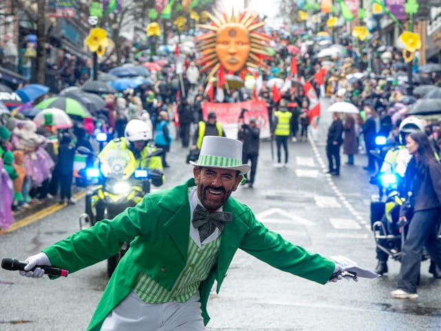 Michael Doherty who cpompered the annual St. Patrick's Day Spring Carnival in Derry
The annual St. Patrick’s Day Spring Carnival took to the streets of Derry on Tuesday as the annual celebration brought entertainers into the city centre before a parade watched by thousands made its way down Shipquay Street past the historic Guildhall. Picture Martin McKeown. 17.03.26