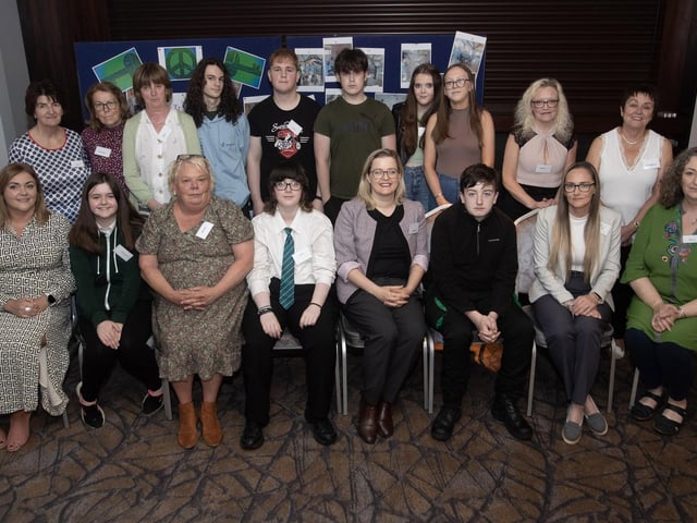 TRACE TO TRANSFORM CONFERENCE. . . . .Group pictured at the Churches Trust 'TrACE to Transform Conference held at the Maldron Hotel on Thursday last. TrACE to Transform is an intergenerational programme funded by the Department of Foreign Affairs Reconciliation Fund and the aim of it is to strengthen community capacity through strengthening families, removing barriers to reconciliation and standing against coercive control. Front from left, Laura Brown, Churches Trust, Tammie Farrell, Denise Doherty, Miles Doran, Jenny Quinn, Department for Foreign Affairs, Daniel Gamble, Beverly Watson and Mary Holmes, Chief Executive Officer, Churches Trust. Back from left, Mary McFarland, Patricia Coyle, Mary Doherty, Aedan McLaughlin, Adam Armstrong, Kenzie Carnwatch, Annie Burns, Sophie Carnwath, Susan Bailey and Kathleen Rodgers. (Photos: Jim McCafferty Photography)