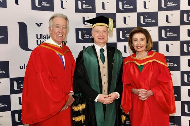 Chairman Richard Neal UU Vice Chancellor Paul Bartholomew and Speaker Emerita Dr Nancy Pelosi