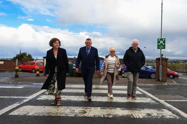 Marjorie Roddy, Billy McGreanery, May McGavigan and Martin McGavigan visit the Pat Finucane Centre at Rathmor on Monday afternoon to hear if the PPS intend to prosecute the two soldiers who shot and killed their relatives Billy McGreanery and Annette McGavigan. Photo: George Sweeney