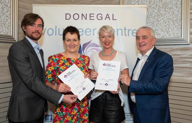 Shane McBride, Donegal Volunteer Center, Teresa Doherty, Sharon Ward, Malin Head Community Associatin and Patsy McGonagle, DLDC Chairman  at the Annual Donegal Volunteer Awards in the Radisson Hotel Letterkenny on Thursday last.  Photo Clive Wasson.