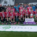 FOYLE CUP 2026 U-12 CHAMPIONS. . . .Maiden City Academy, winners of the 2026 U12 Foyle Cup pictured with Corey Walsh and Declan Travers, Seagate, sponsors. (Photos: Jim McCafferty Photography)