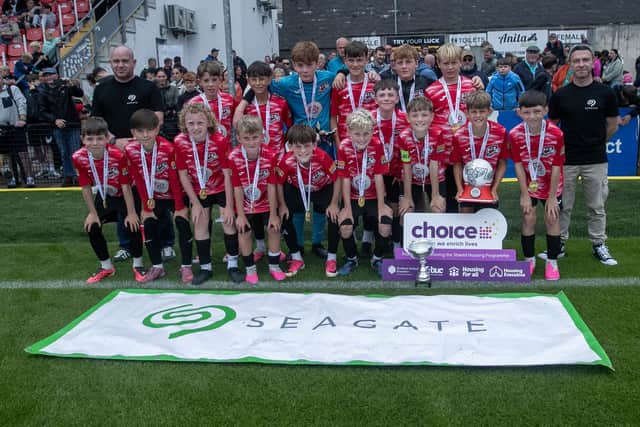 FOYLE CUP 2026 U-12 CHAMPIONS. . . .Maiden City Academy, winners of the 2026 U12 Foyle Cup pictured with Corey Walsh and Declan Travers, Seagate, sponsors. (Photos: Jim McCafferty Photography)