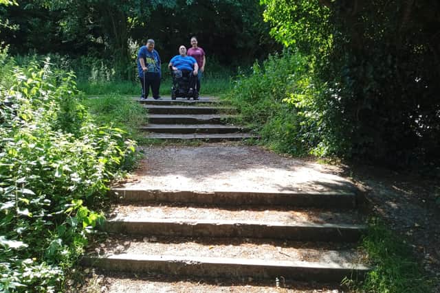 No go: Michael, Davy and Bronagh at one of numerous stepped areas that are off limits to people in wheelchairs or with limited mobility.