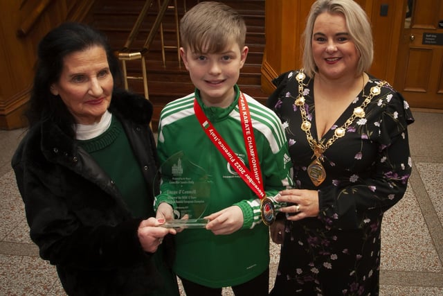 Young Lucas with his Great Granny Susie Breslin and the Mayor, Sandra Duffy on Tuesday evening.