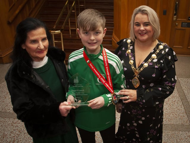 Young Lucas with his Great Granny Susie Breslin and the Mayor, Sandra Duffy on Tuesday evening.