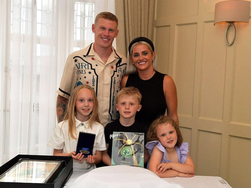 June 2023: International footballer James McClean and his wife Erin pictured their daughter Allie Mae, son James and daughter Willow Ivy at a celebration for winning his 100th cap for Ireland held in Bishops Gate Hotel. Photo: George Sweeney