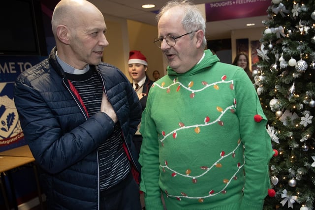 Oakgrove Integrated College Principal Mr. John Harkin in conversation with Rev. Linkens before Thursday's carol service.