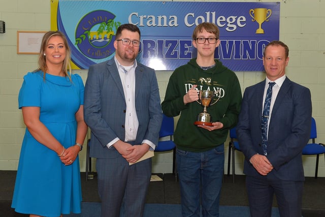 Isaac Quigley winner of the iCare Cup of Friendship, pictured at the annual Crana College Prize Giving on Friday afternoon last with Ms Clare Bradley (BOM), on the left, Mr Dean Harron, guest speaker and Mr Kevin Cooley principal. Photo: George Sweeney DER2246GS - 102