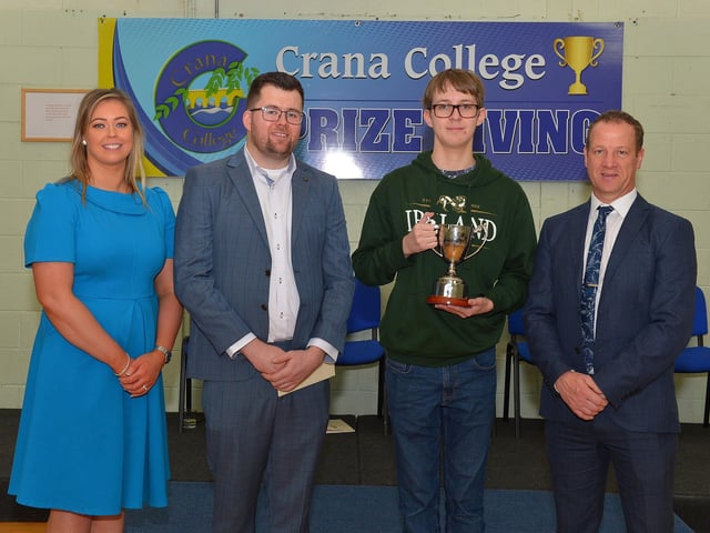 Isaac Quigley winner of the iCare Cup of Friendship, pictured at the annual Crana College Prize Giving on Friday afternoon last with Ms Clare Bradley (BOM), on the left, Mr Dean Harron, guest speaker and Mr Kevin Cooley principal. Photo: George Sweeney DER2246GS - 102