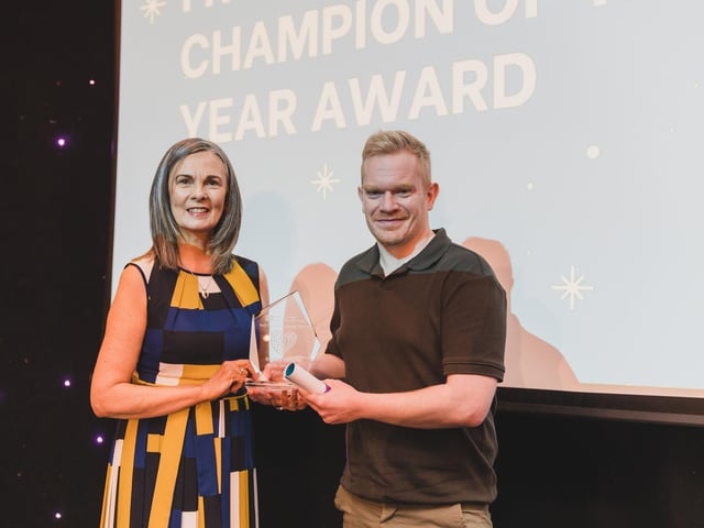 Frontline Champion of the Year Award winner Niall Byrne, Social Worker, Strabane Health Centre with Karen Hargan.