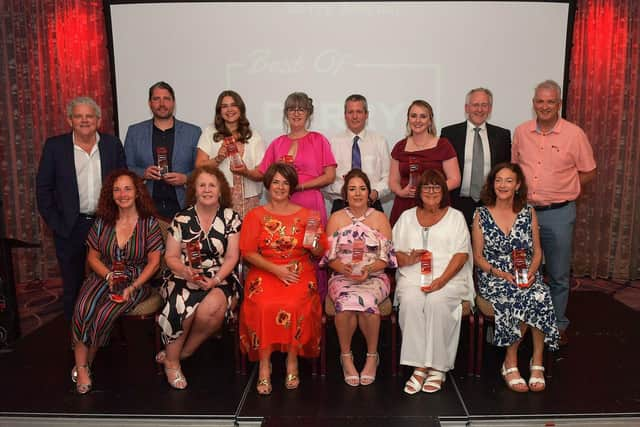 Derry Journal BetMcLean Award winners pictured last year with principal sponsor Paul McLean and compere Adrian Logan. Photo: George Sweeney. DER2325GS – 59