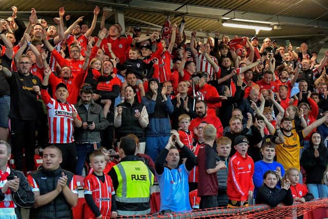 Fans celebrate Derry Cty’s Europa Conference League win against  HB Torshavn, at the Brandywell, on Thursday evening. Photo: George Sweeney. DER2329GS – 58