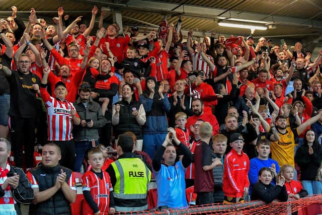 Fans celebrate Derry Cty’s Europa Conference League win against HB Torshavn, at the Brandywell, on Thursday evening. Photo: George Sweeney. DER2329GS – 58