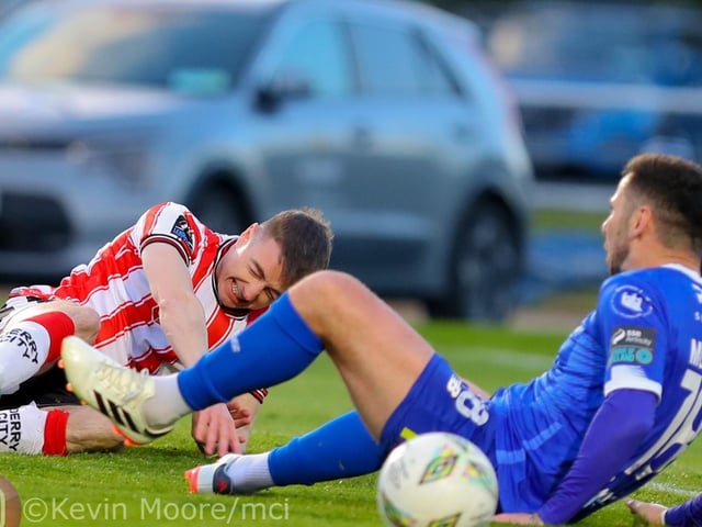 Daniel Kelly is brought down inside the penalty box by Robbie McCourt of Waterford. Mandatory Credit: Kevin Moore/MCI