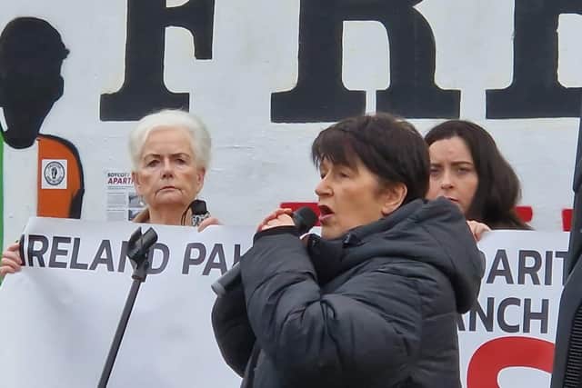 Derry woman Betty Doherty addressing those gathered.