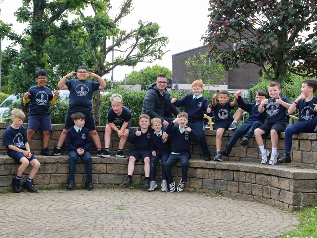 Mr. Doherty with his P5 class at the Family Fun Day held in Longtower School playground. (Photo - Deirdre Heaney, nwpresspics)