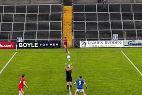 Derry captain Michael Higgins prepares for throw-in at the Ulster Minor Championship tie in Breffni Park.