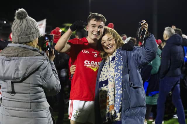 Magherafelt Conall Heron celebrates with friends in the O’Neill’s Derry Club Senior Championship final in Celtic Park, on Sunday. (Photo - Tom Heaney, nwpresspics)